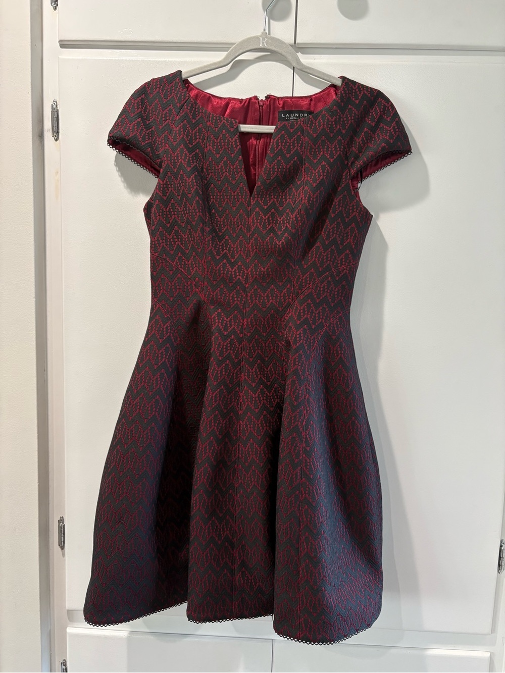 Laundry By Shelli Segal Burgundy and Black Fit-and-Flare Midi Dress 6